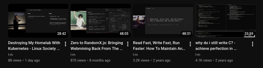 Thumbnails from the l-m.dev YouTube channel